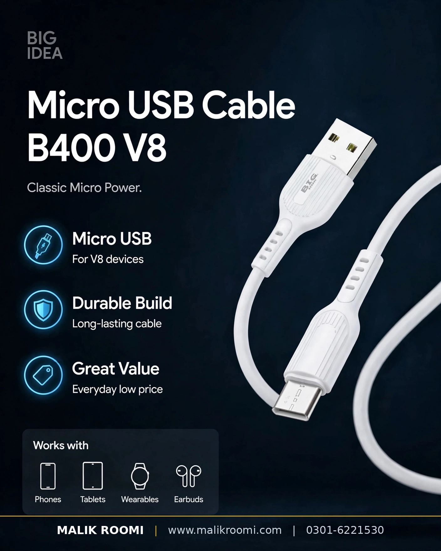 BIG IDEA B400 V8 Data Cable USB to Micro USB 2A (1m)