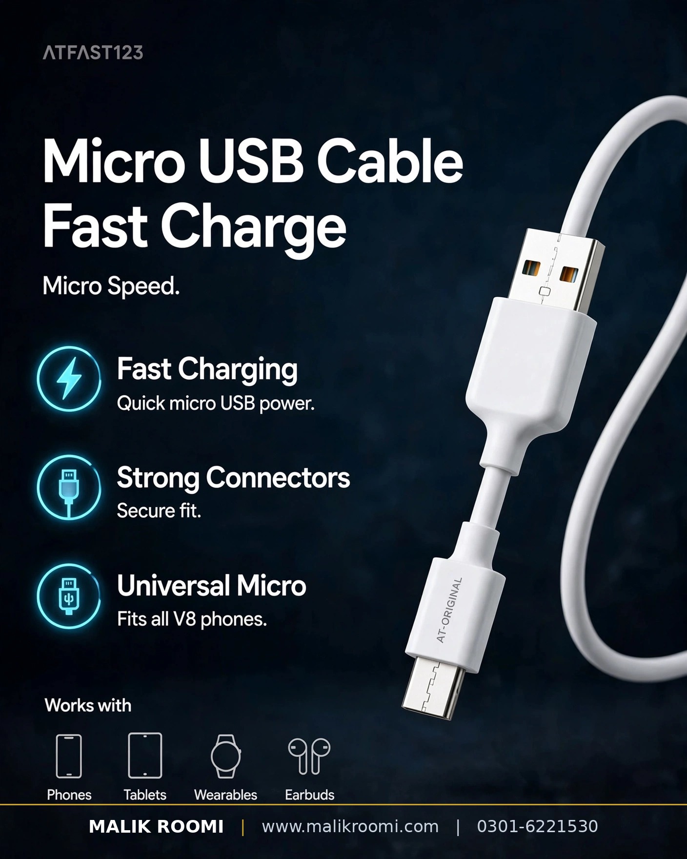 A.T-ORIGINAL ATFAST123 MICRO 3A USB to Micro Data Cable (1m)