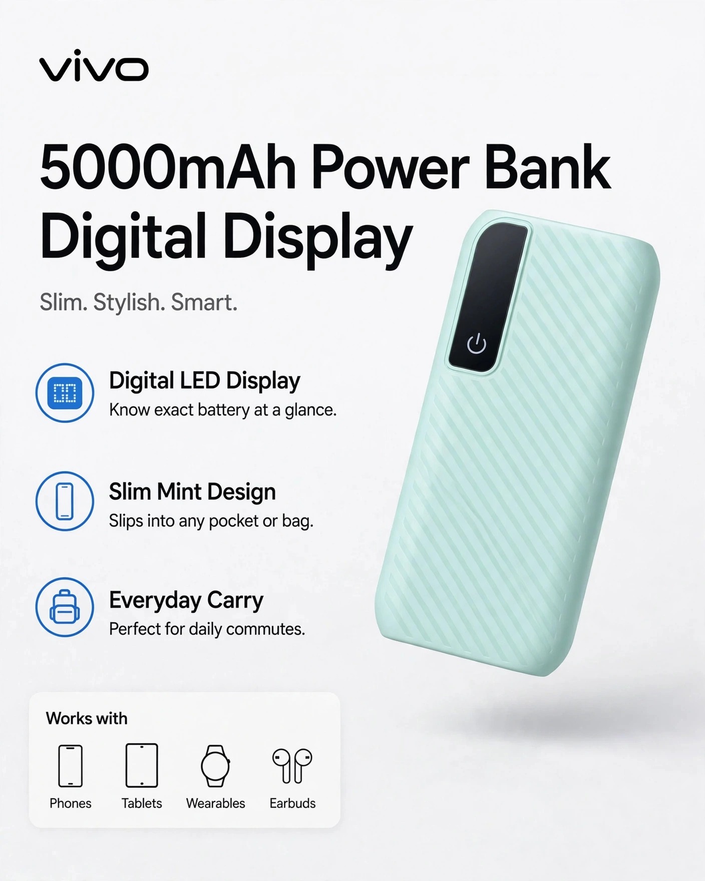 Vivo 5000mAh Power Bank with Digital Display