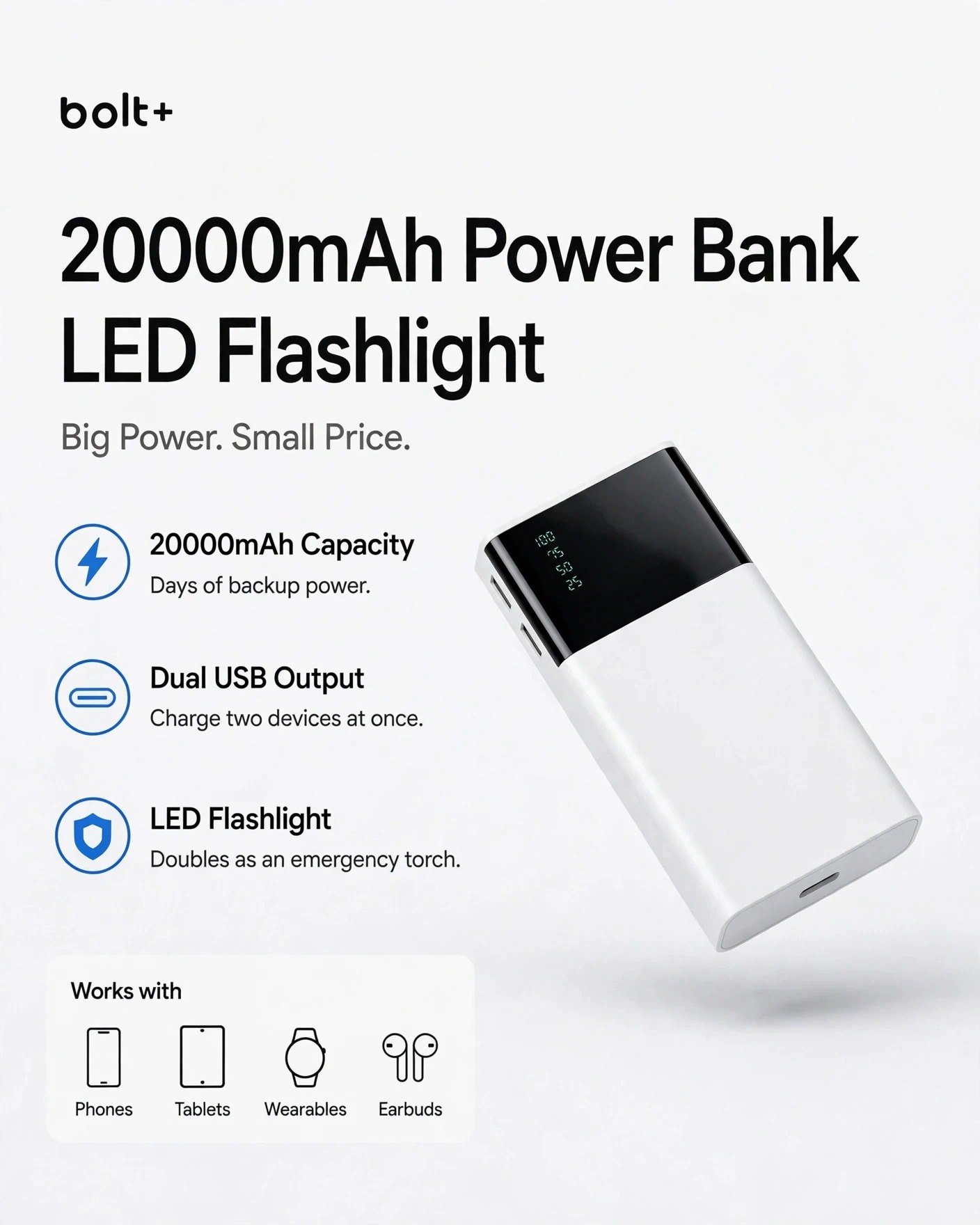 bolt+ P20 20000mAh Power Bank with LED Flashlight