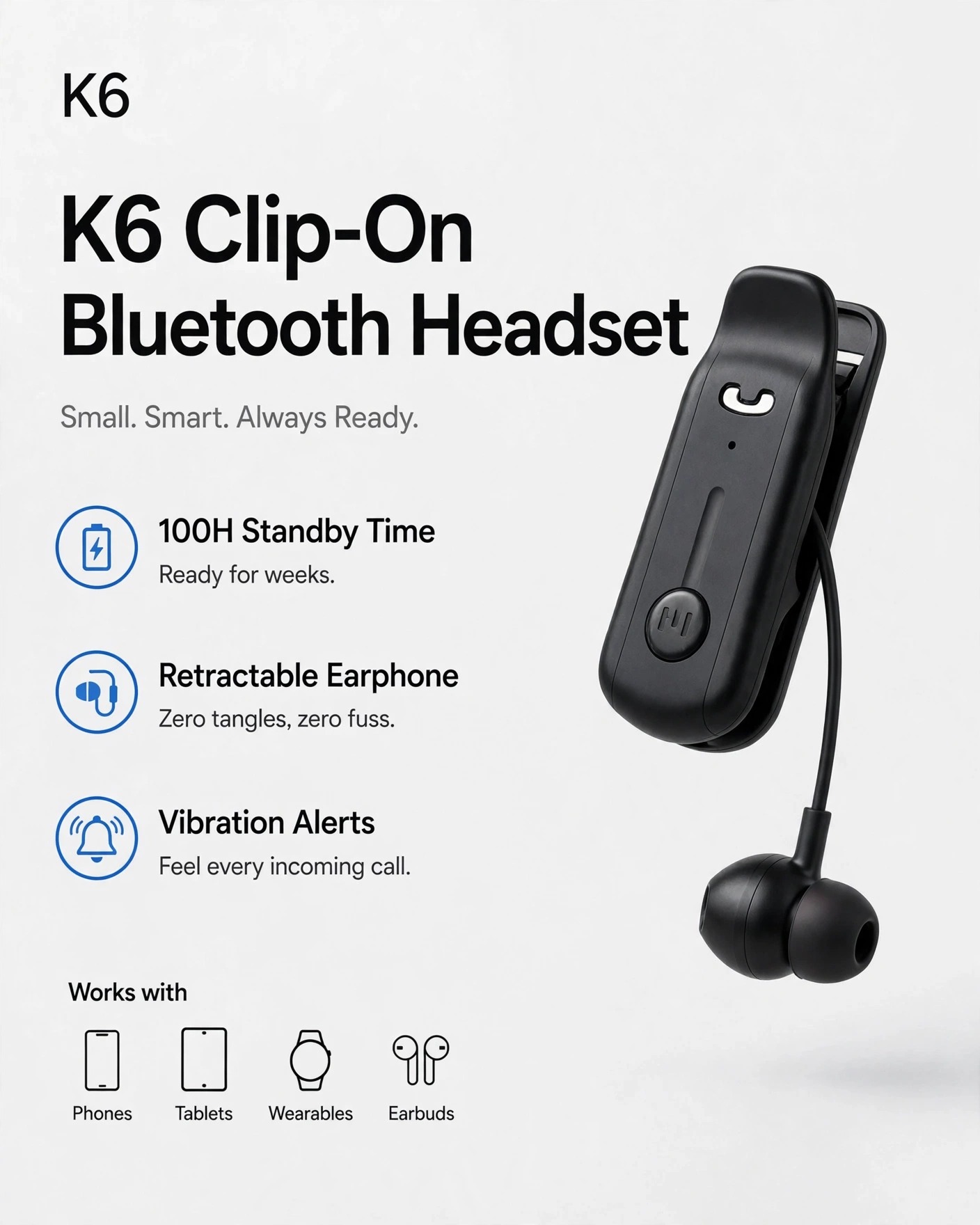 K6 Clip-On Retractable Bluetooth Headset